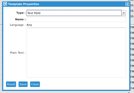 Template Properties Page for Text Field