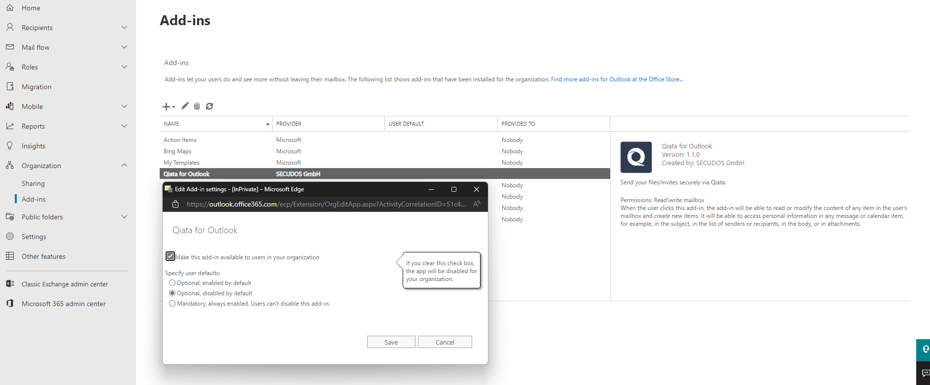 Change settings of Exchange app