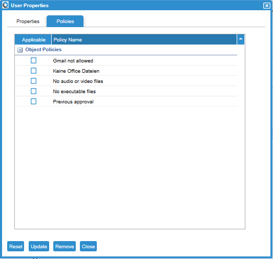 Policy Settings for User Edit